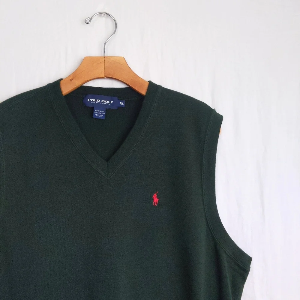 Vtg POLO RALPH LAUREN Forest Green Knit V Neck Sweater Vest Golf Tank XL - Picture 3 of 5